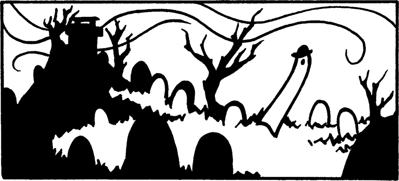 Bowler-hat wearing ghost, Cappuccino, floats through a spooky cemetery.