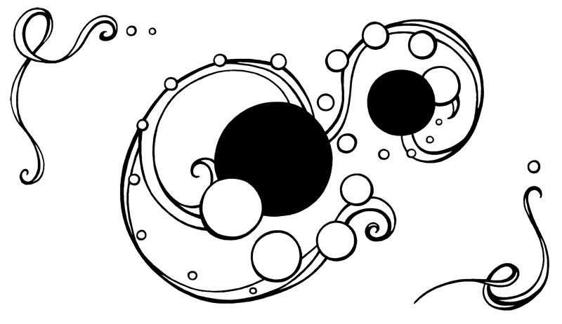 Two black circles are orbited by a helix of other circles in varying sizes, all surrounded by swirling lines.
